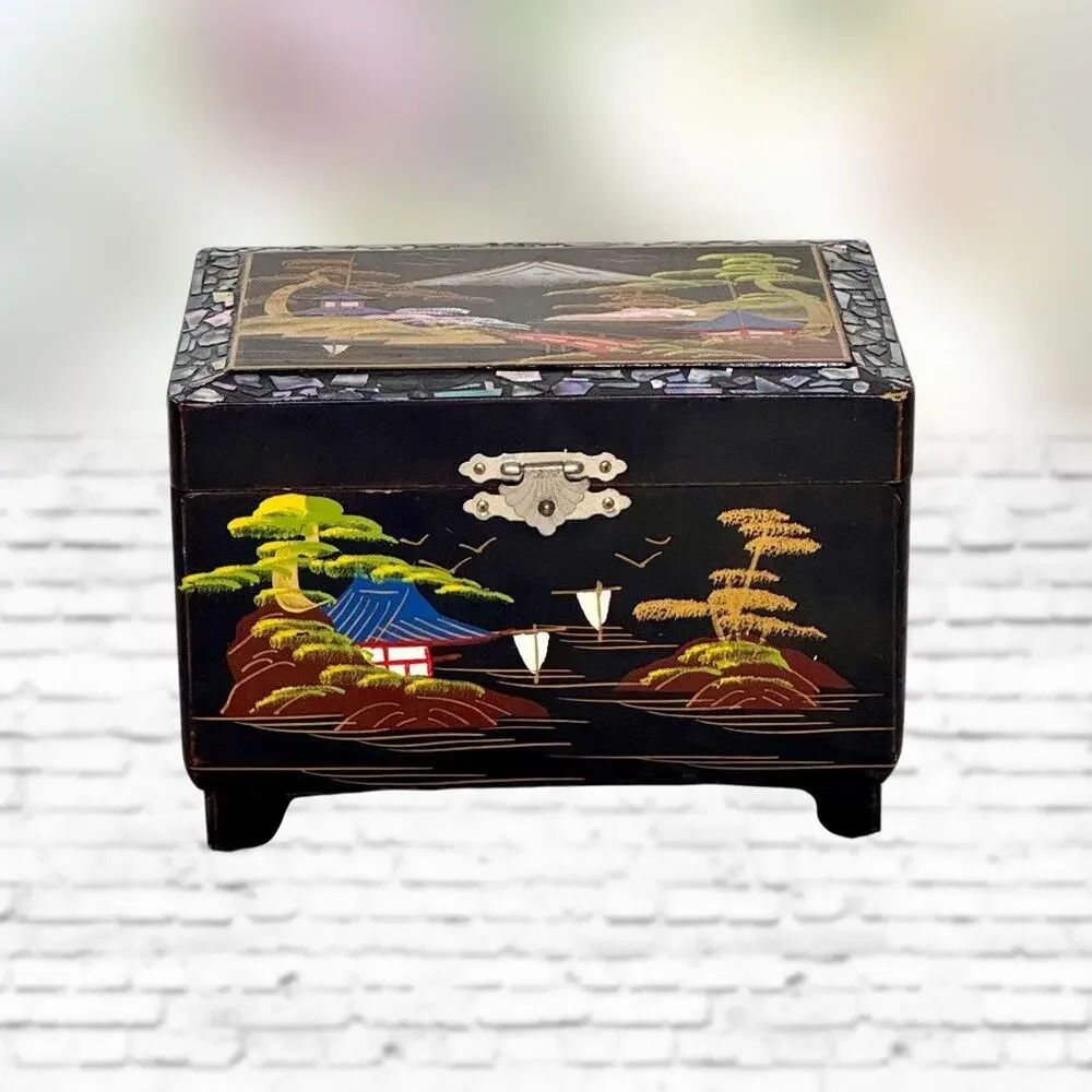 Vintage Japanese Music Box Wooden Lacquer Jewelry Abalone Inlay Trinket KK Japan